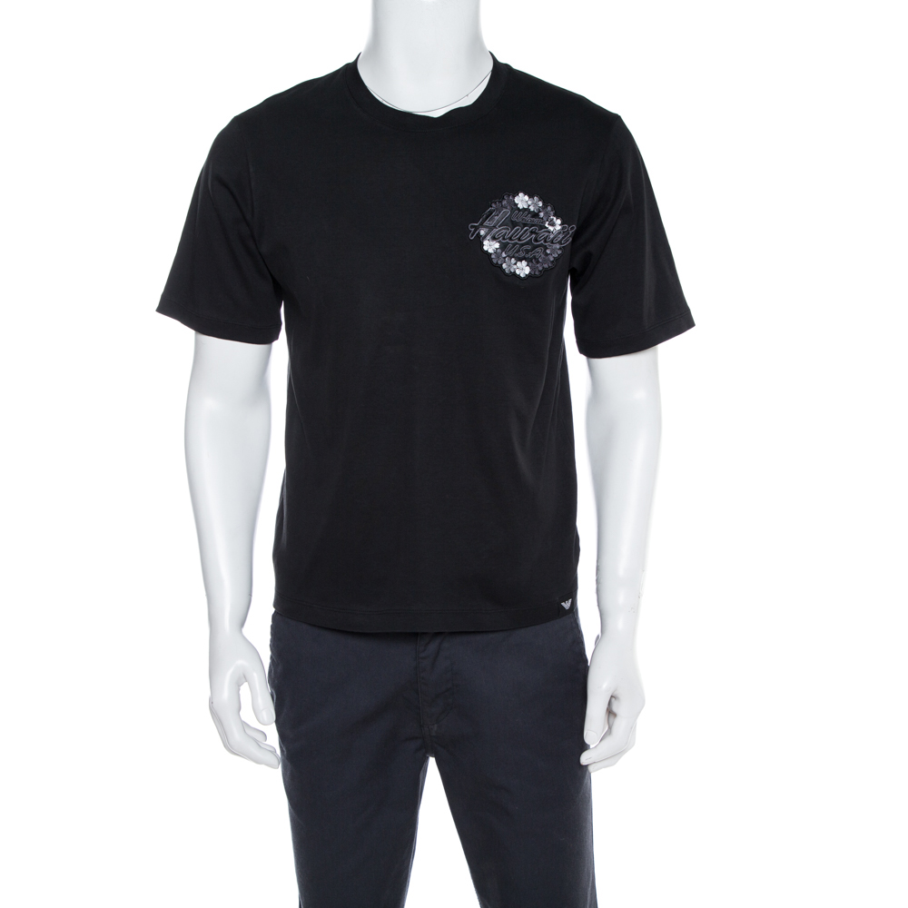 Image of Emporio Armani Black Cotton Hawaii Patch T-Shirt M