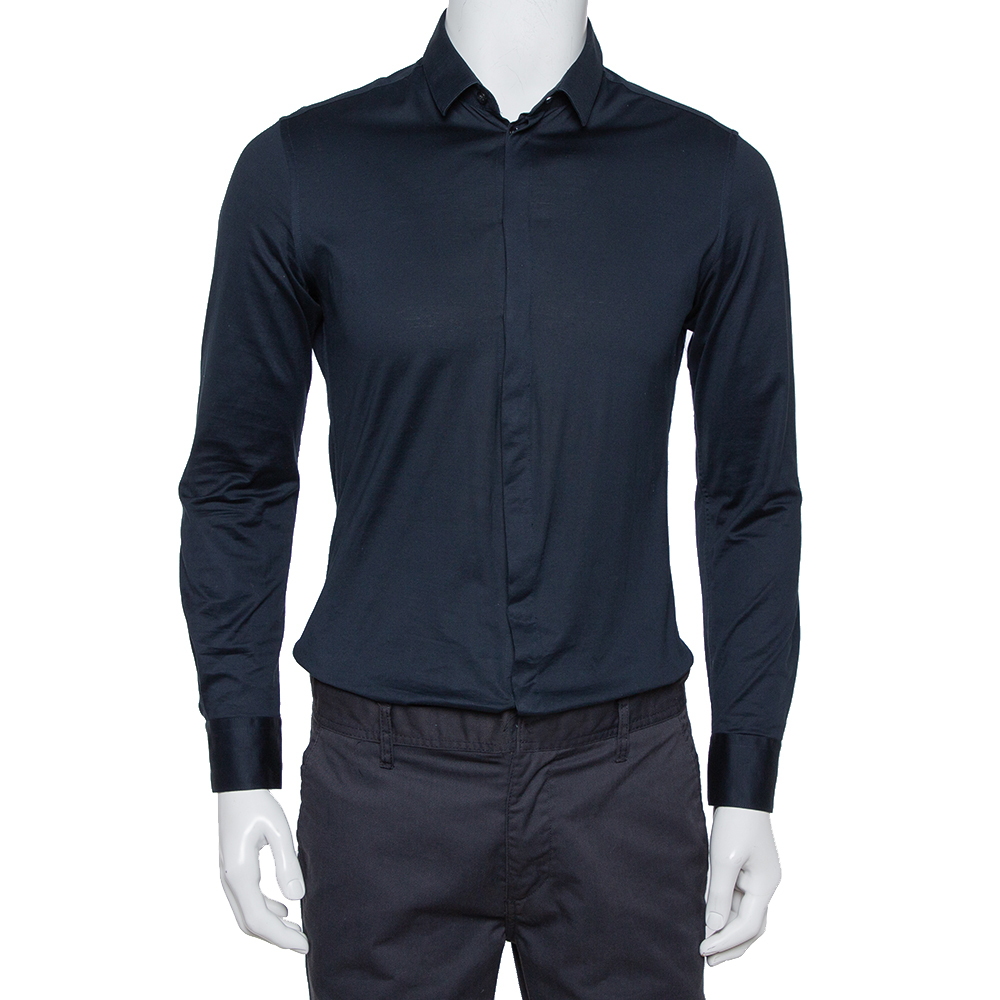 Emporio Armani Navy Blue Stretch Cotton Button Front Shirt M