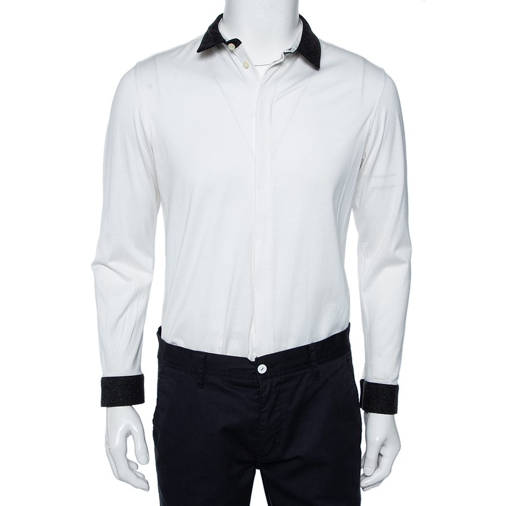 Emporio Armani White Cotton Contrast Wool Trim Button Front Shirt XL