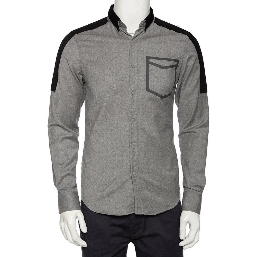 Emporio Armani Grey Wool Contrast Trim Button Front Shirt M