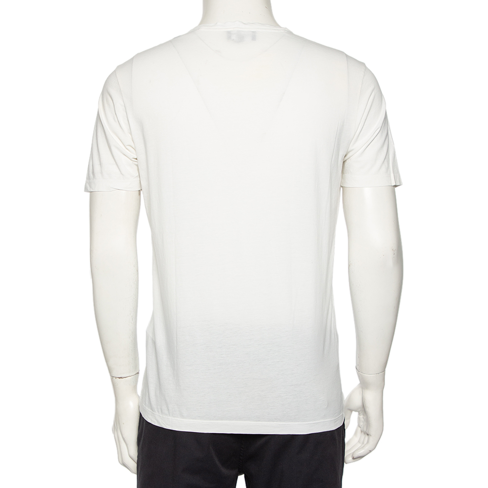 Emporio Armani White Logo Embroidered Cotton V-Neck T-Shirt S