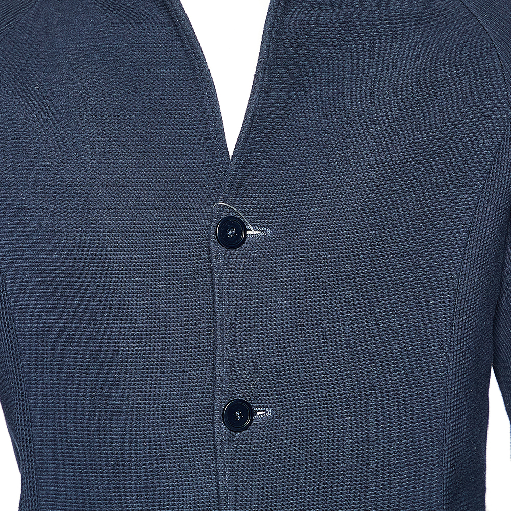 Emporio Armani Navy Blue Rib Knit Button Front Blazer L