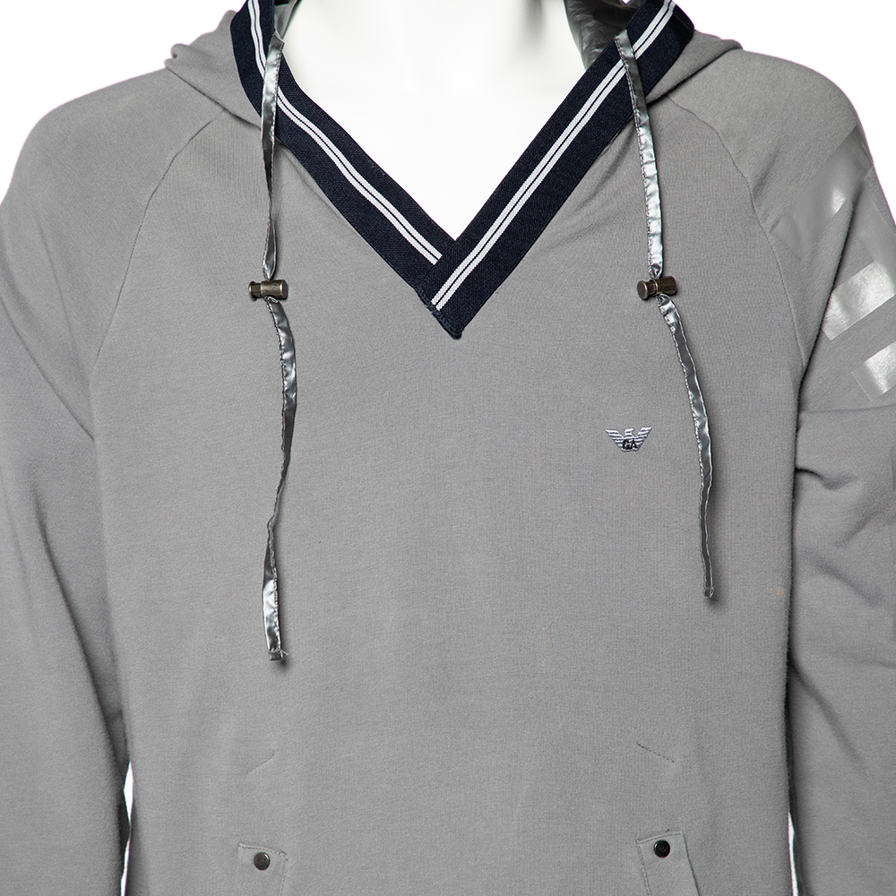 Emporio Armani Grey Cotton Knit Contrast Trim Hooded Sweatshirt 3XL