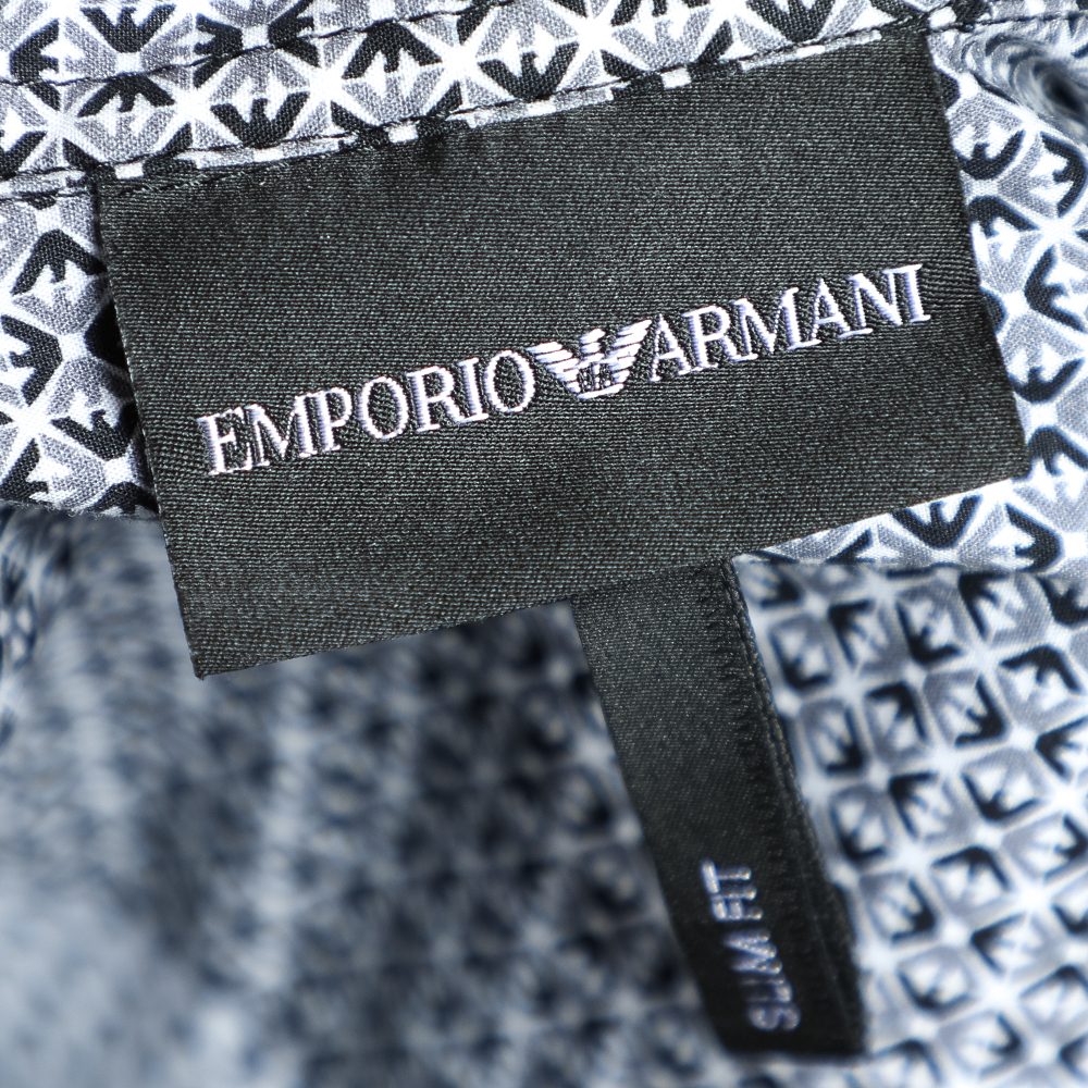 Emporio Armani Blue Logo Printed Cotton Slim Fit Shirt M