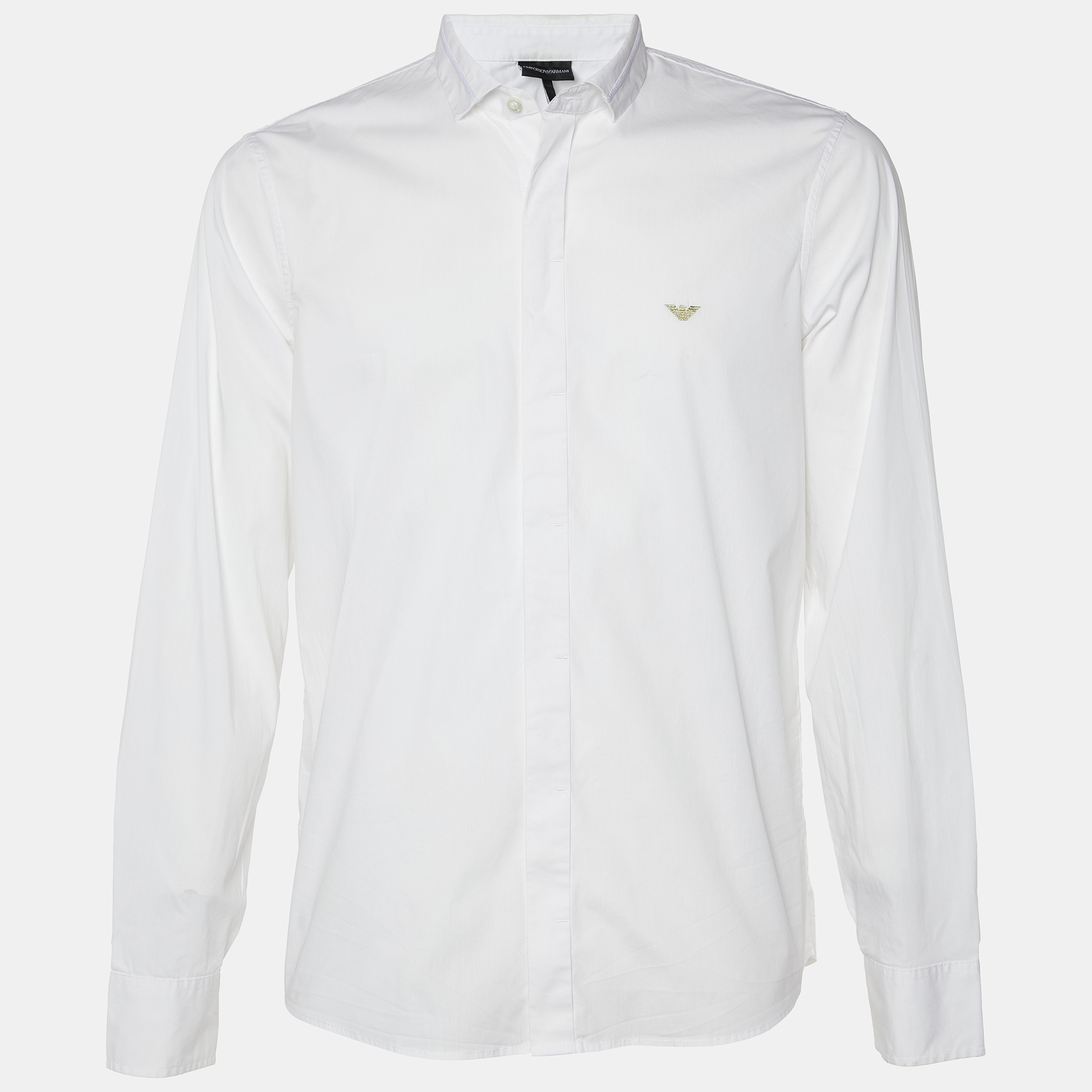 Emporio armani white logo embroidered cotton slim fit shirt xxl