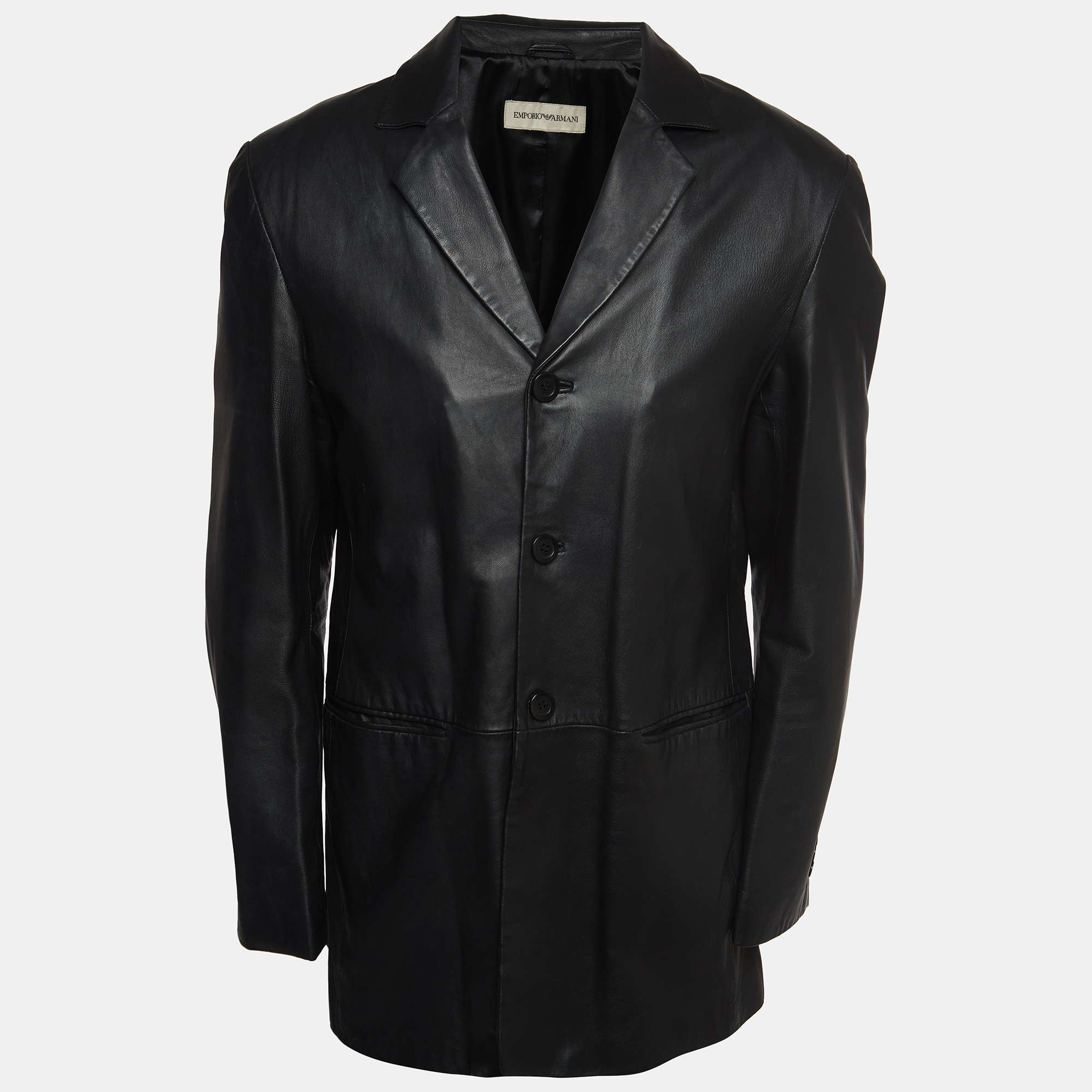 Emporio armani black leather single breasted buttoned coat xl