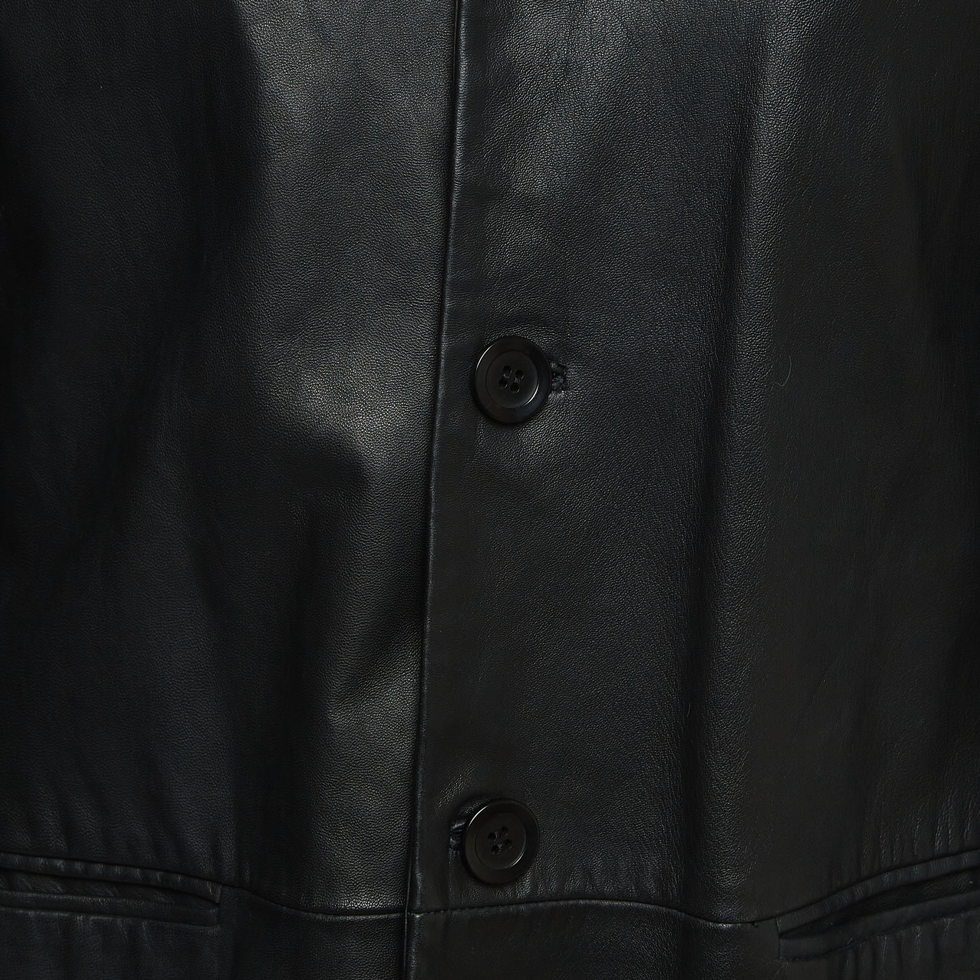 Emporio Armani Black Leather Single Breasted Buttoned Coat XL