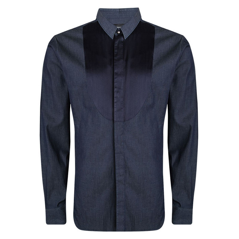Image of Emporio Armani Blue Contrast Front Yoke Button Front Long Sleeve Shirt XXL