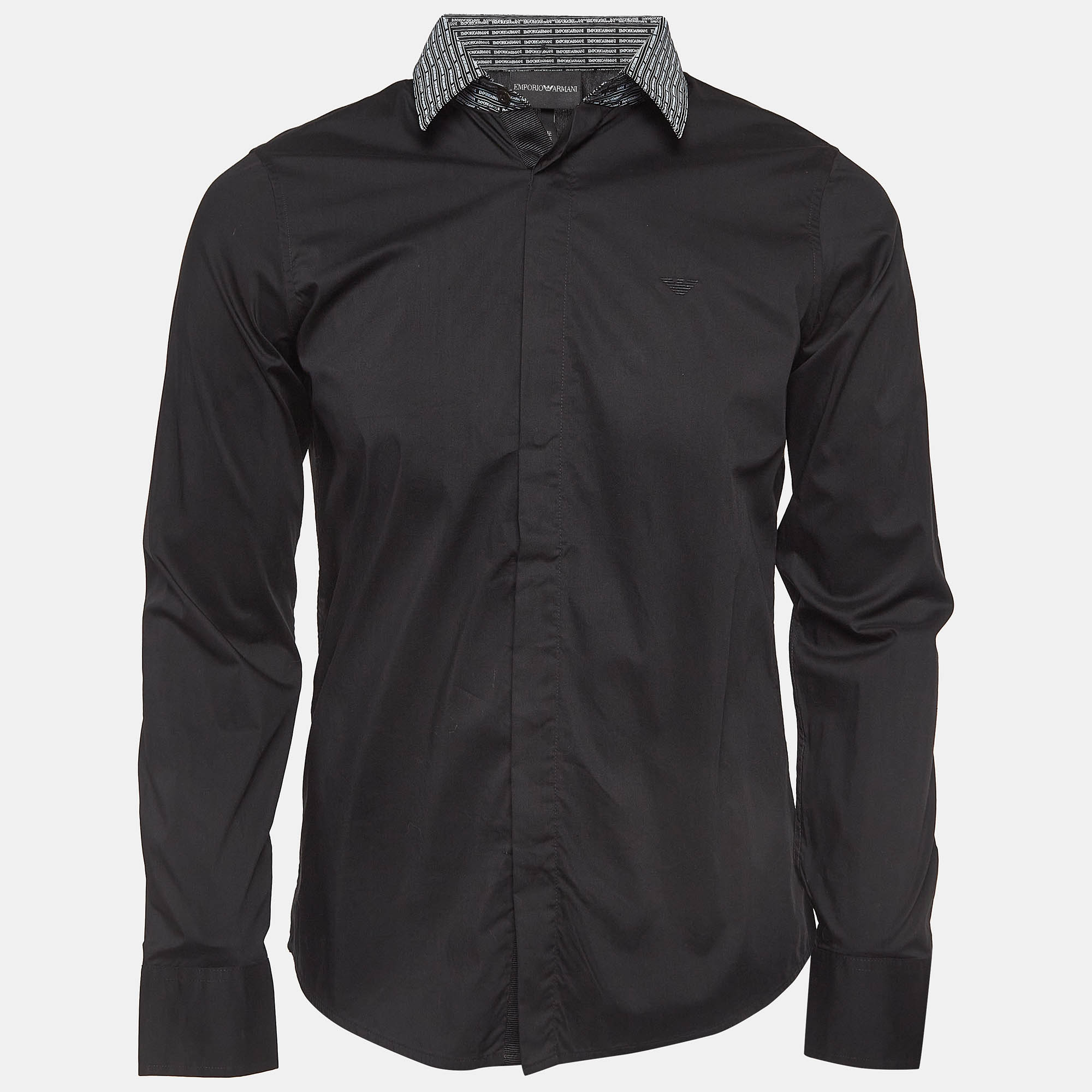 Emporio armani black printed detachable collar cotton shirt m