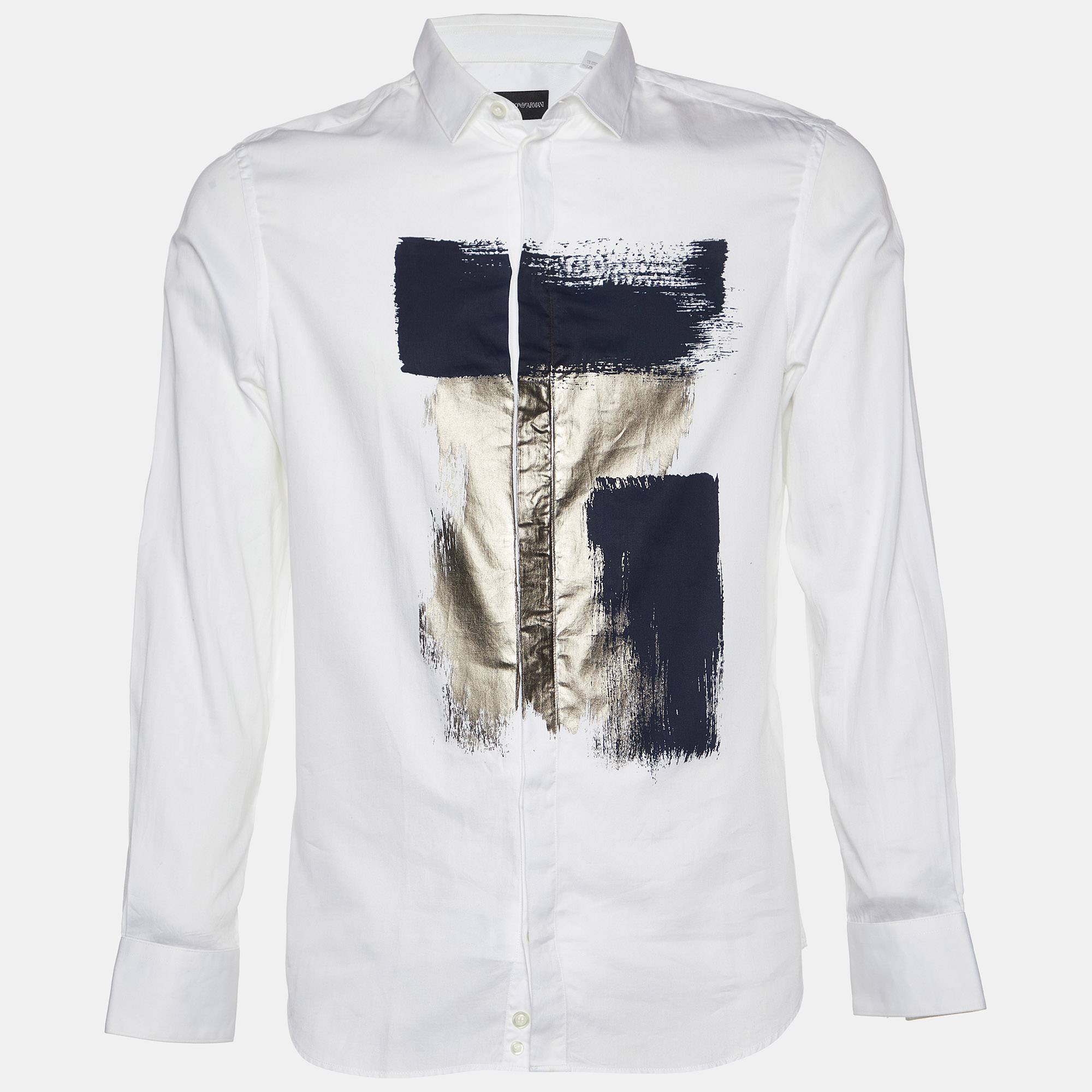 Emporio armani white metallic print cotton long sleeve shirt m