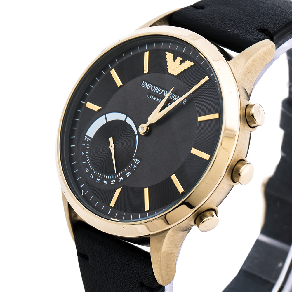 

Emporio Armani Grey Gold PVD Coated Stainless Steel Leather Connected AR3006 Men's Hybrid Smart Watch, Black