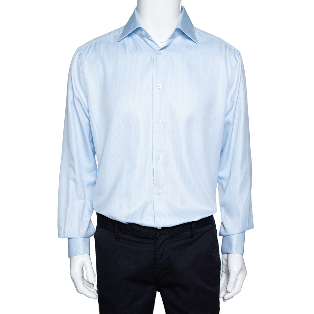 Image of Ermenegildo Zegna Pale Blue Cotton French Cuff Detail Regular Fit Shirt L