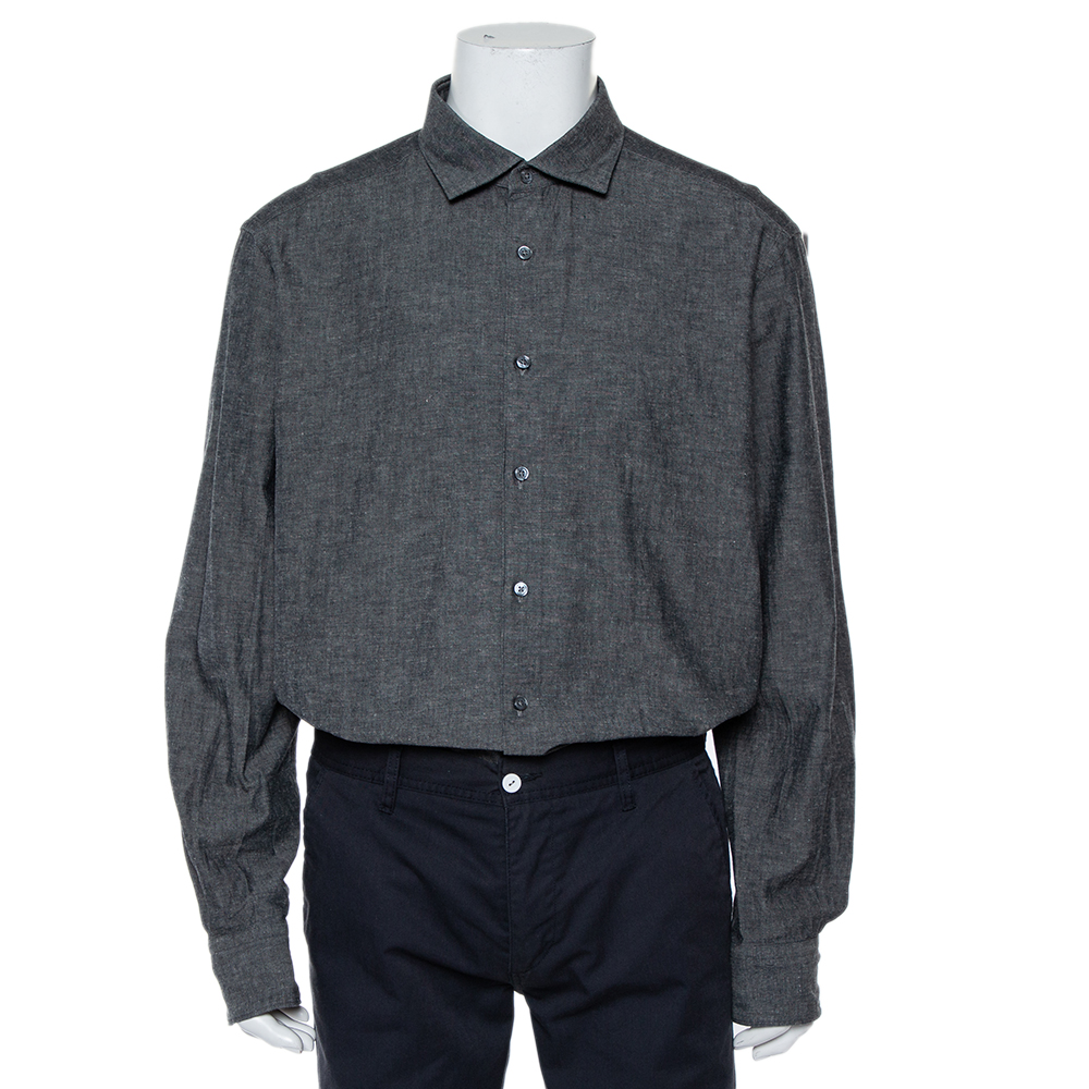 Ermenegildo Zegna Charcoal Grey Cotton & Linen Button Front Shirt XXL