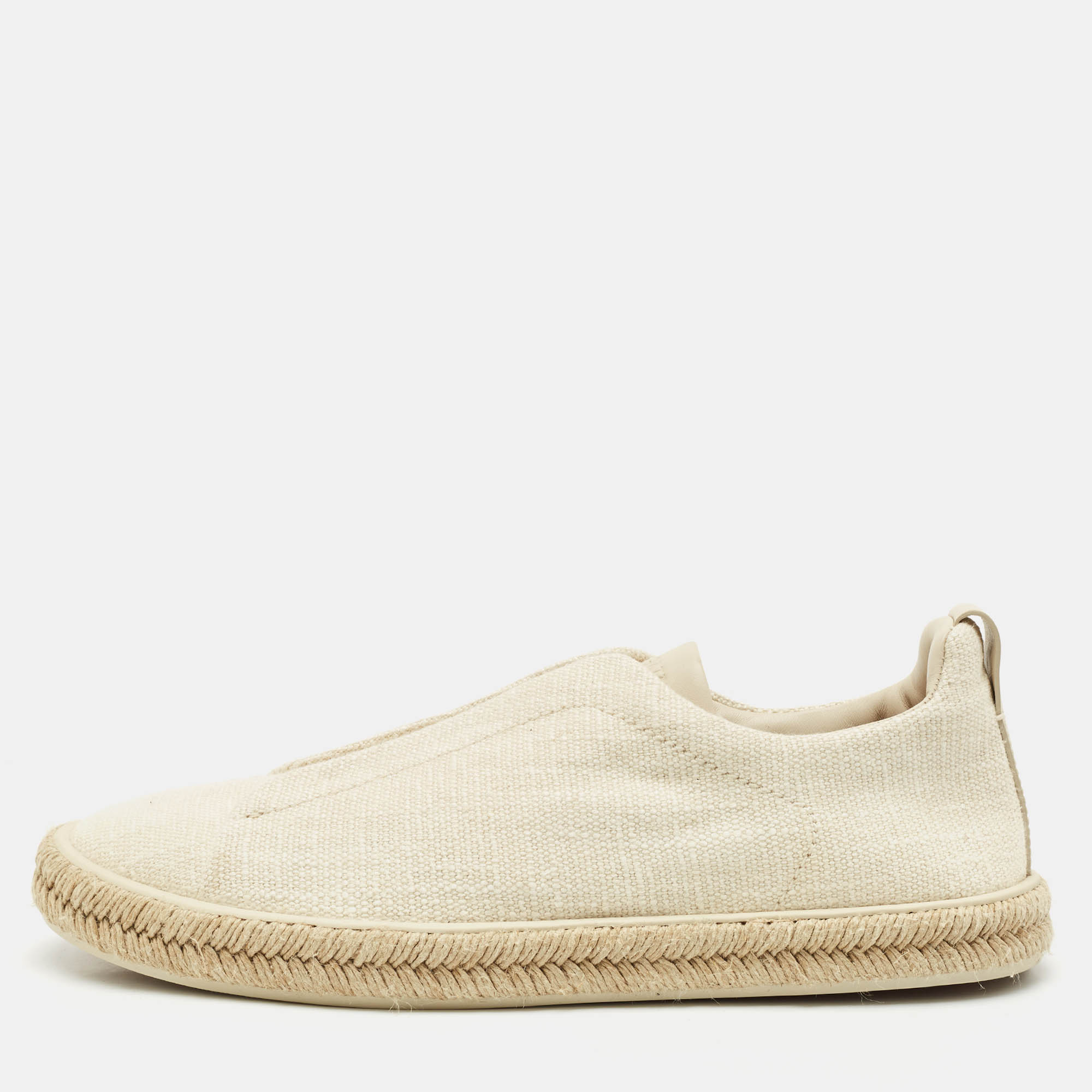 Ermenegildo Zegna Cream Canvas and Leather Triple Stitch Slip On Sneakers Size 44.5
Ermenegildo Zegna Cream Canvas and Leather Triple Stitch Slip On Sneakers Size 44.5