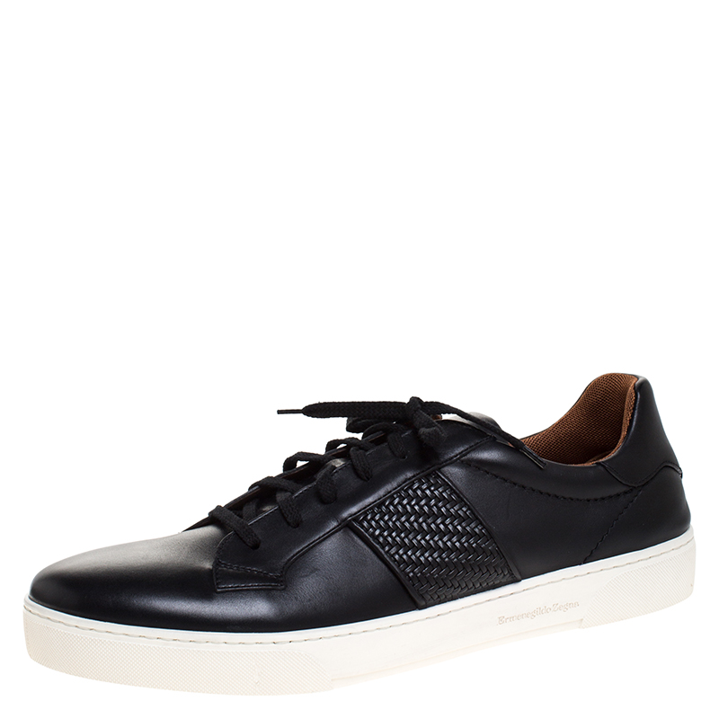 Image of Ermenegildo Zegna Black Leather Woven Detail Vittorio Lace Up Sneakers Size