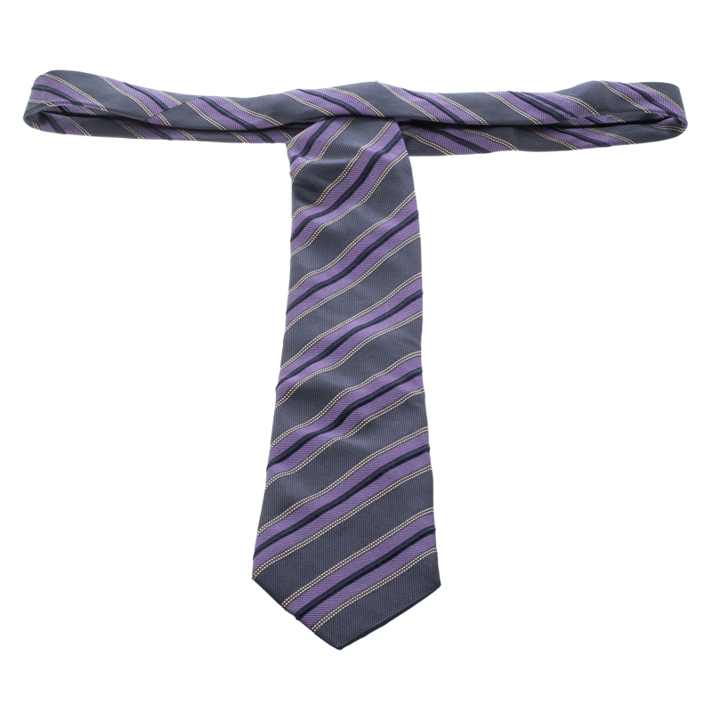 Ermenegildo Zegna Grey And Purple Diagonal Striped Silk Jacquard Tie