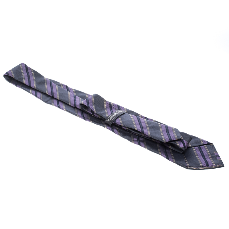 Ermenegildo Zegna Grey And Purple Diagonal Striped Silk Jacquard Tie