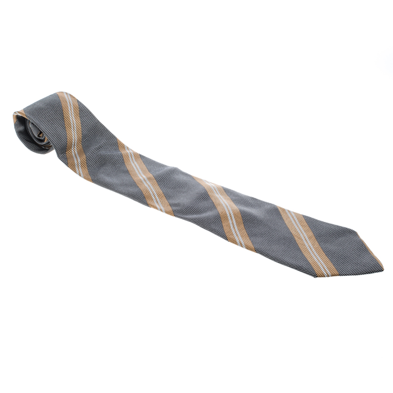Ermenegildo Zegna Vintage Black And Brown Diagonal Striped Silk Jacquard Tie