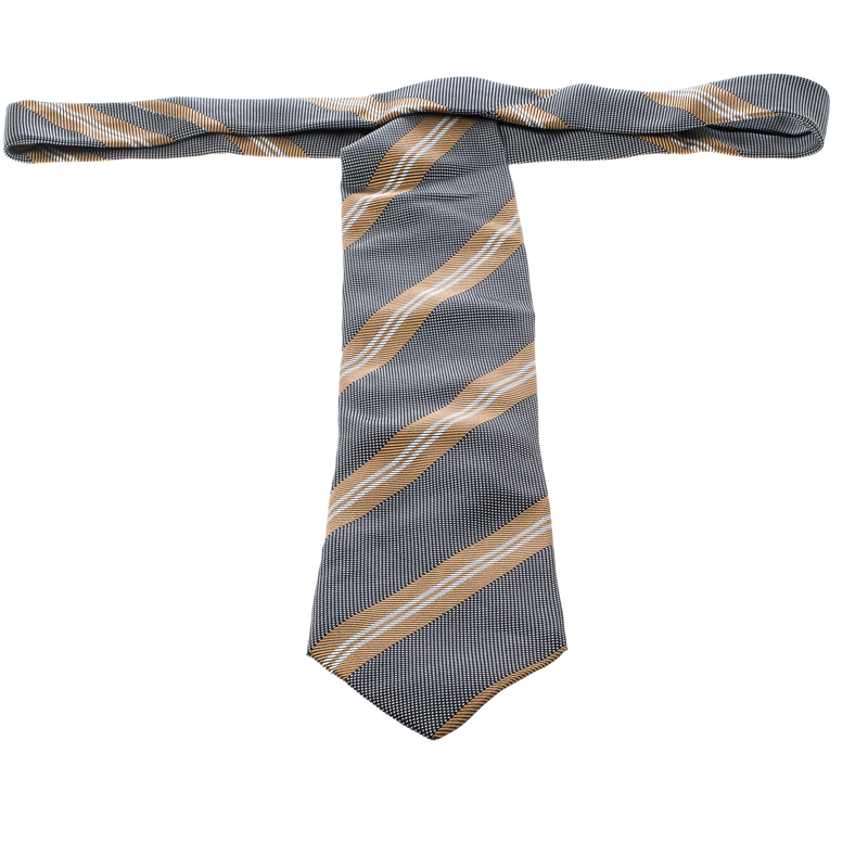 Ermenegildo Zegna Vintage Black And Brown Diagonal Striped Silk Jacquard Tie