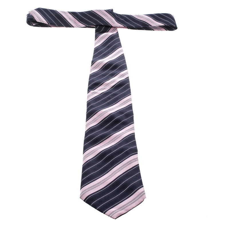 Ermenegildo Zegna Navy Blue And Pink Diagonal Striped Silk Jacquard Traditional Tie