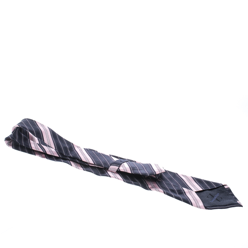 Ermenegildo Zegna Navy Blue And Pink Diagonal Striped Silk Jacquard Traditional Tie