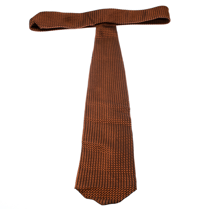 Ermenegildo Zegna Orange And Navy Blue Textured Silk Jacquard Tie