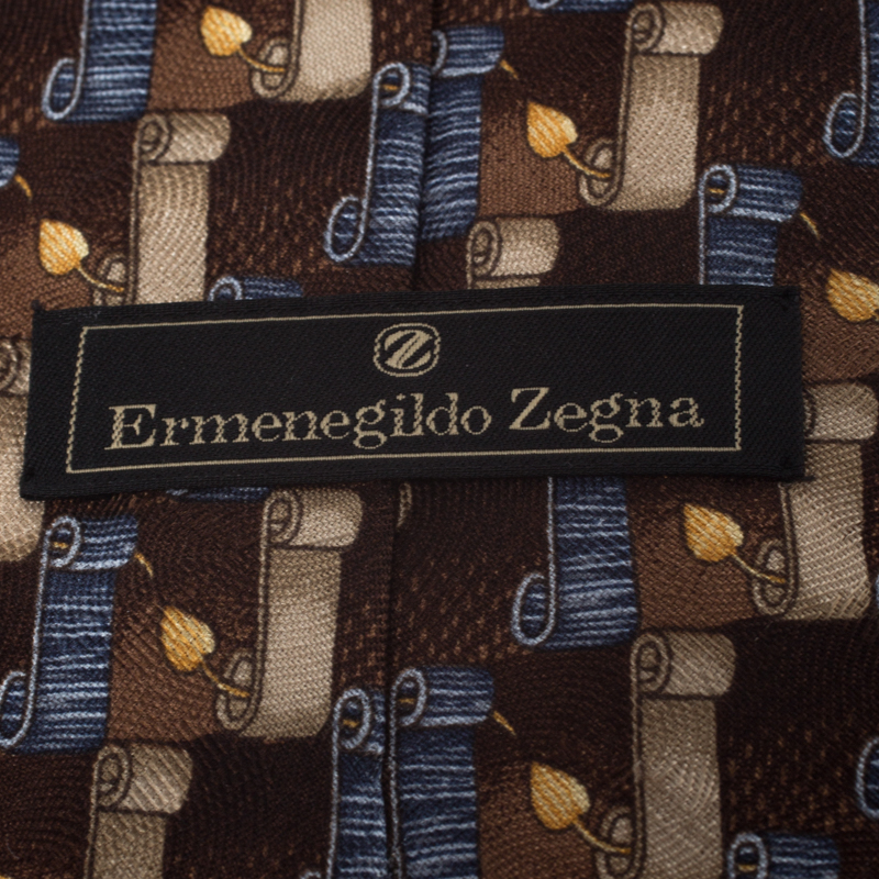 Ermenegildo Zegna Vintage Brown & Blue Scroll Print Silk Tie