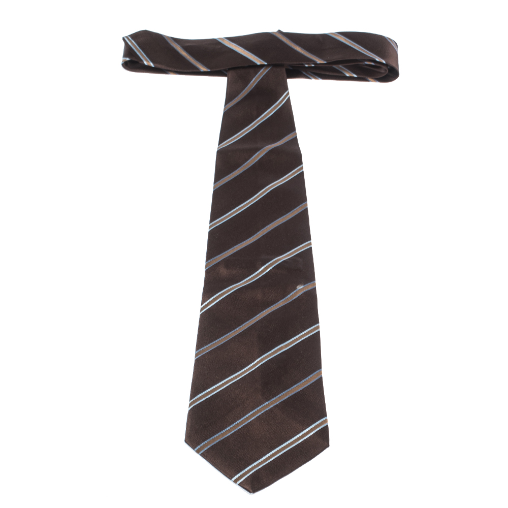 Ermenegildo Zegna Brown Diagonal Striped Traditional Silk Tie