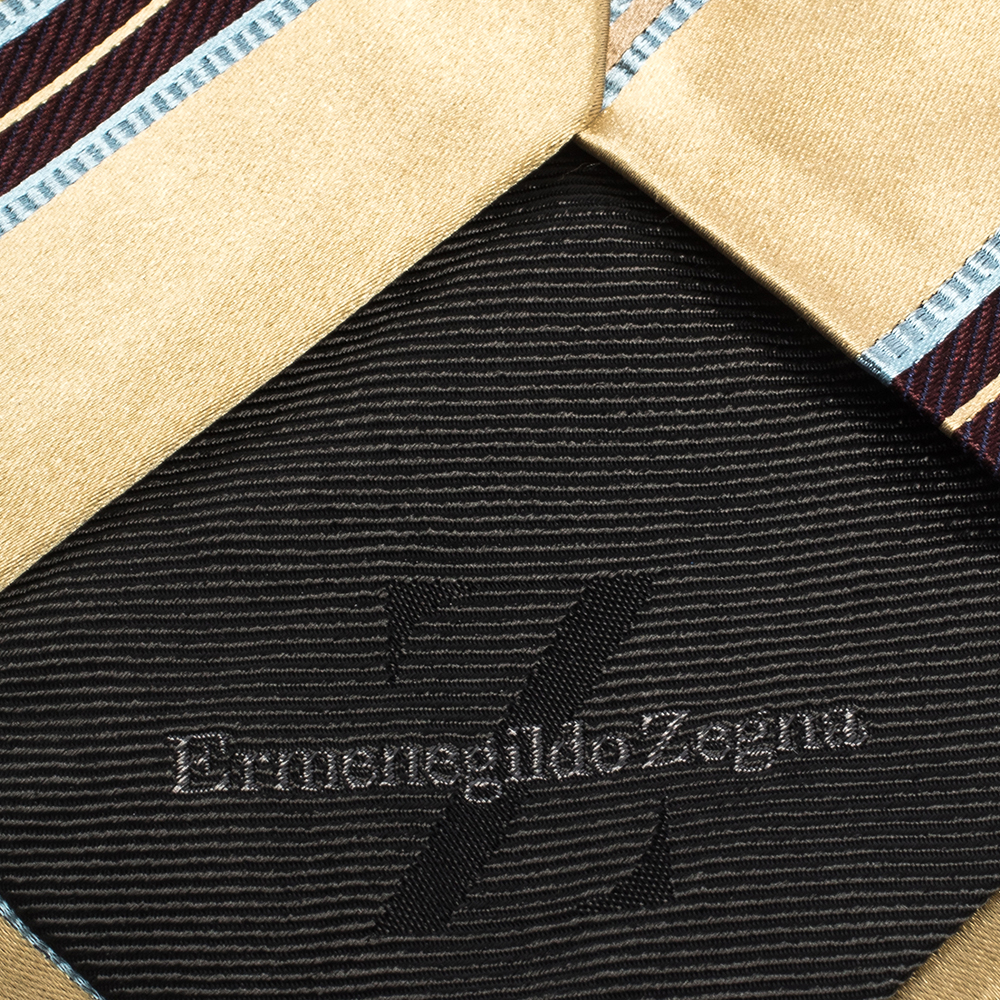 Ermenegildo Zegna Cream Diagonal Striped Traditional Silk Tie