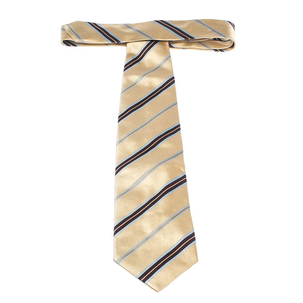 Ermenegildo Zegna Cream Diagonal Striped Traditional Silk Tie