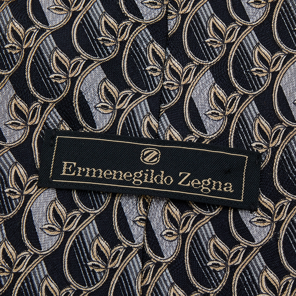 Ermenegildo Zegna Dark Grey Floral Print Silk Tie