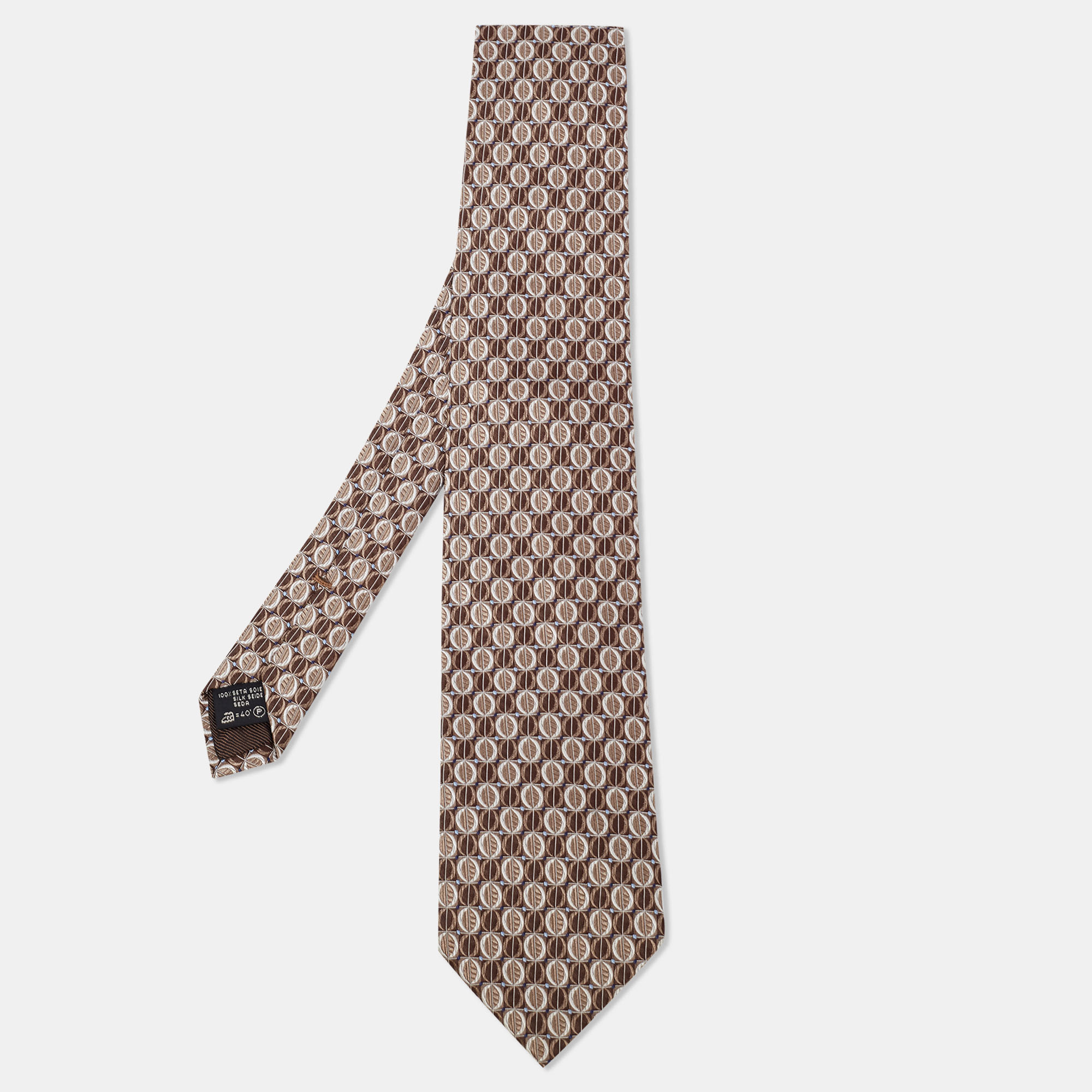 Ermenegildo Zegna Brown Geometric Pattern Jacquard Silk Tie