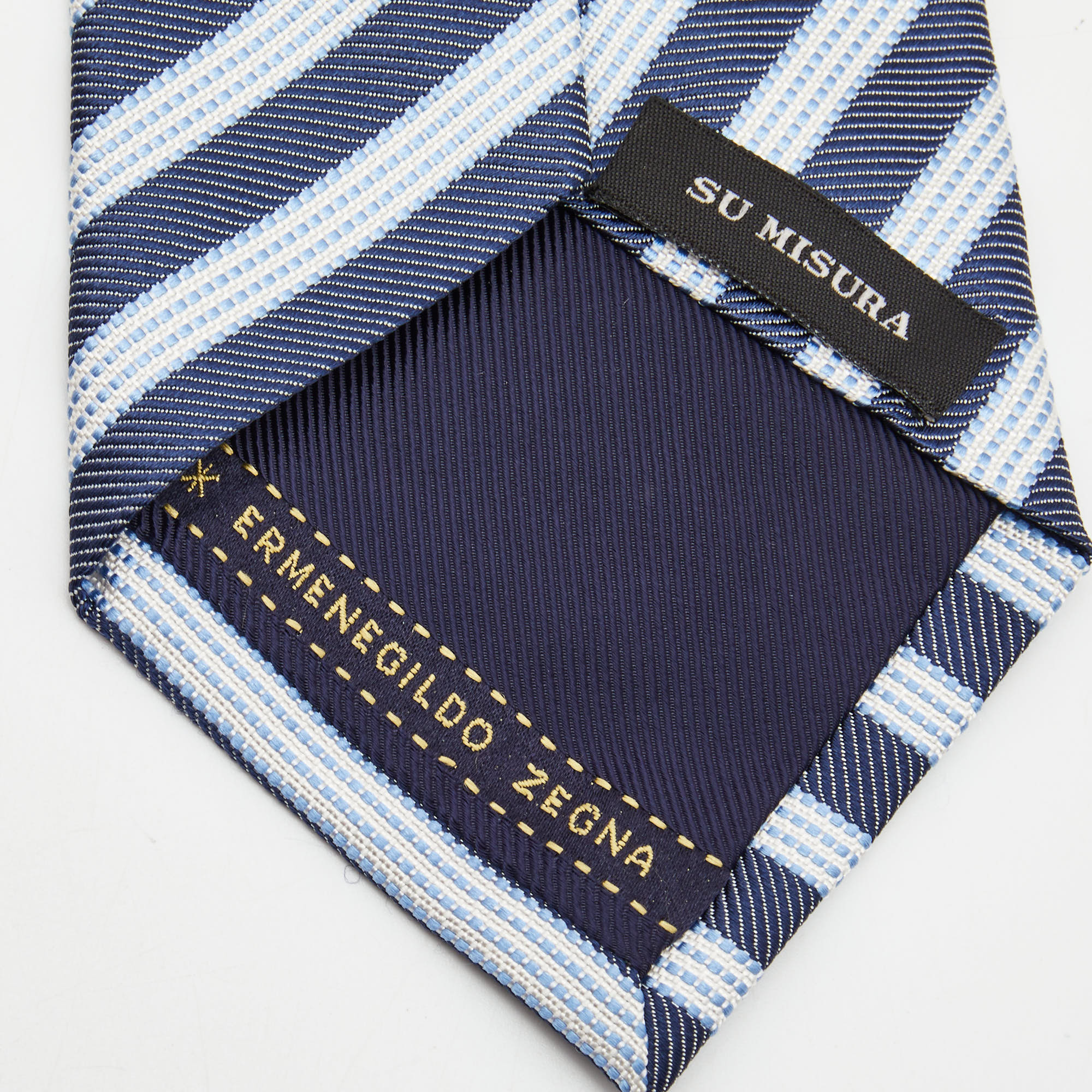 Ermenegildo Zegna Su Misura Blue Diagonal Stripe Patterned Silk Tie