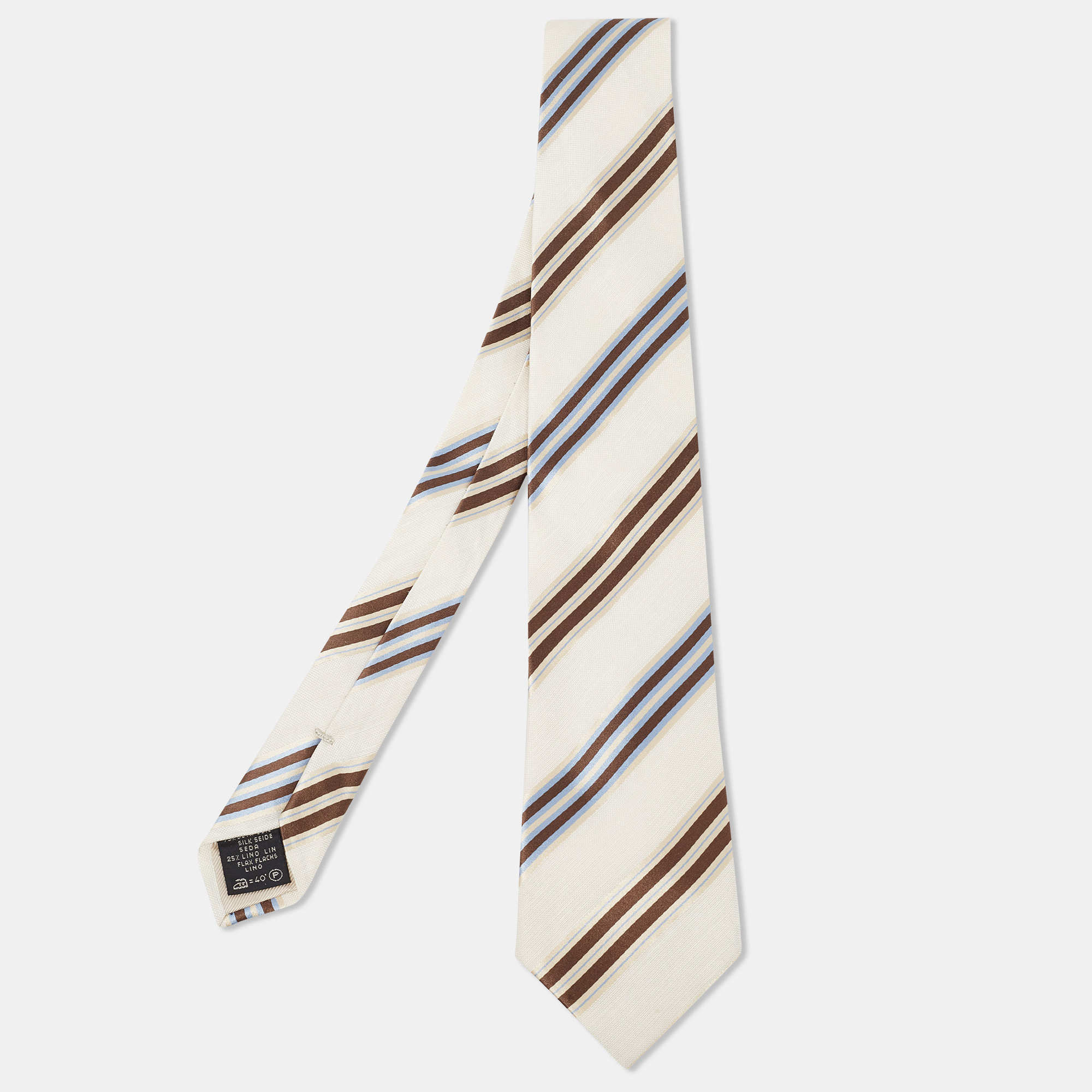 Ermenegildo zegna off white striped silk and linen tie