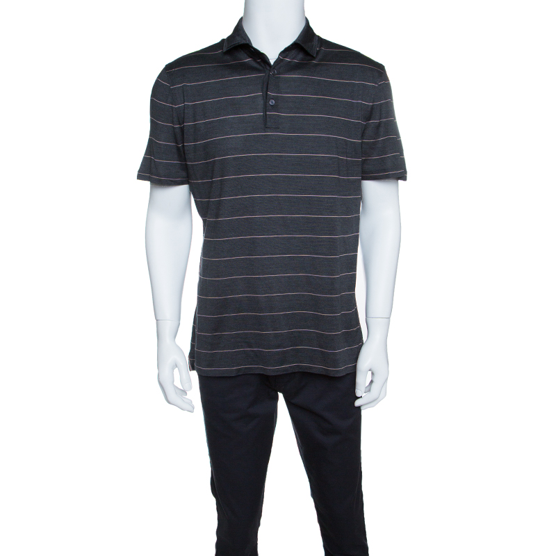 Image of Ermenegildo Zegna Silk Grey and Pink Striped Polo T-Shirt L