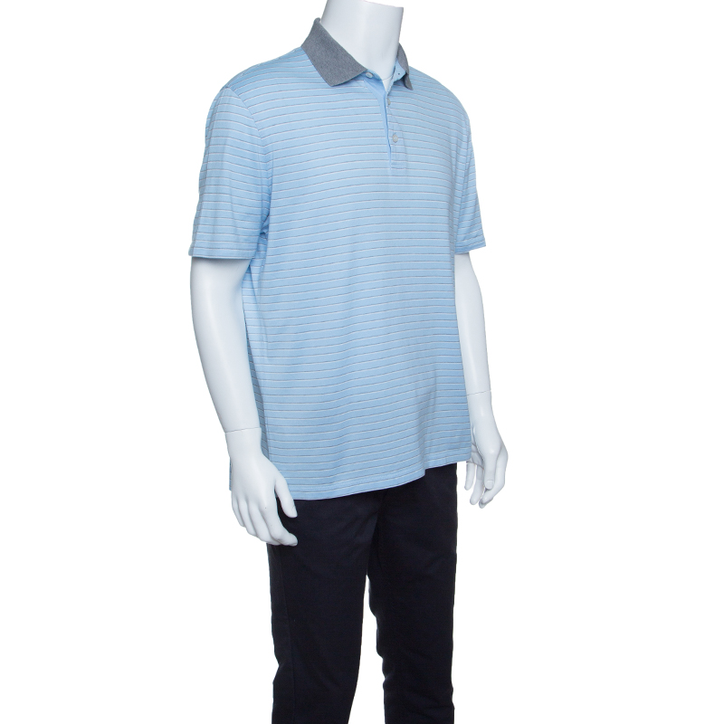 Ermenegildo Zegna Sky Blue Striped Cotton Contrast Collar Polo T-Shirt XXL