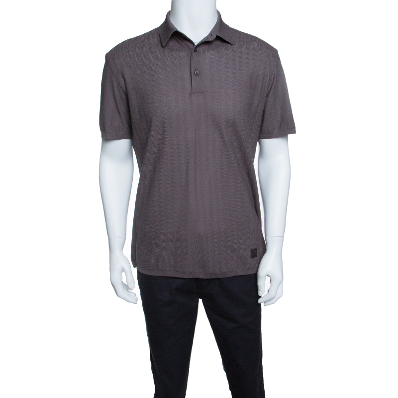 Image of Ermenegildo Zegna for Maserati Grey Knit Herringbone Pattern Polo T-Shirt M