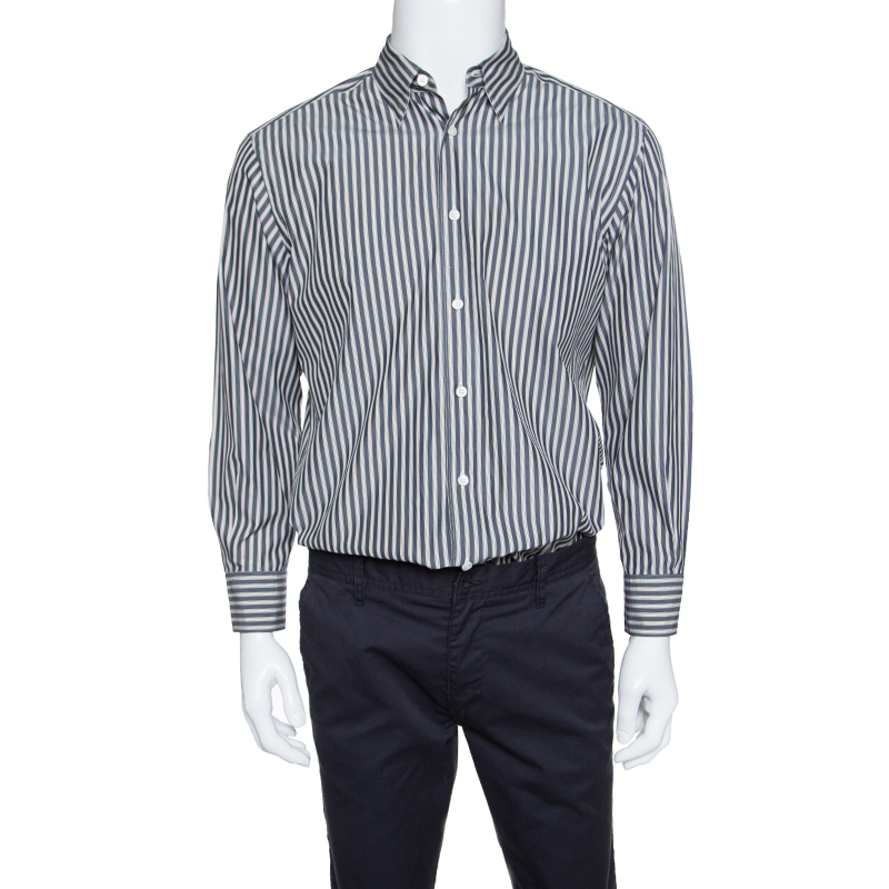 Image of Ermenegildo Zegna Grey Striped Cotton Button Down Long Sleeve Shirt L
