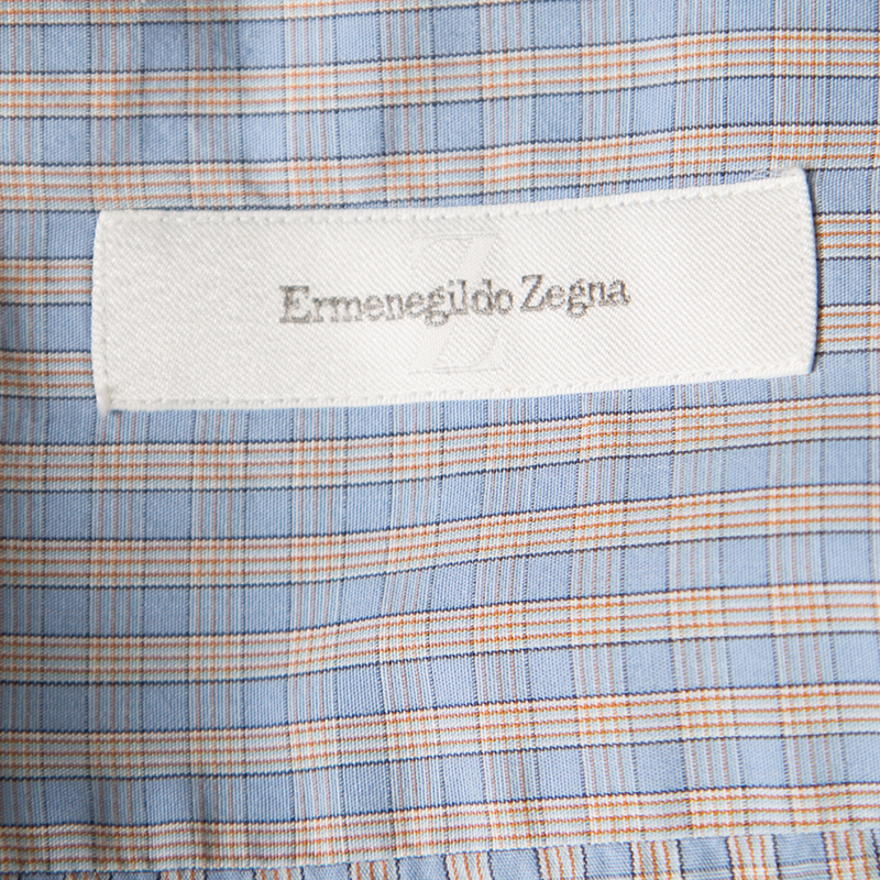 Ermenegildo Zegna Blue Checked Cotton Regular Fit Button Down Shirt L