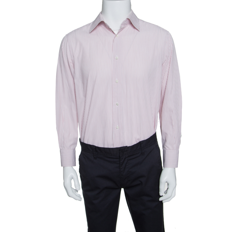 Image of Ermenegildo Zegna White and Pink Striped Cotton Slim Fit Shirt XXL