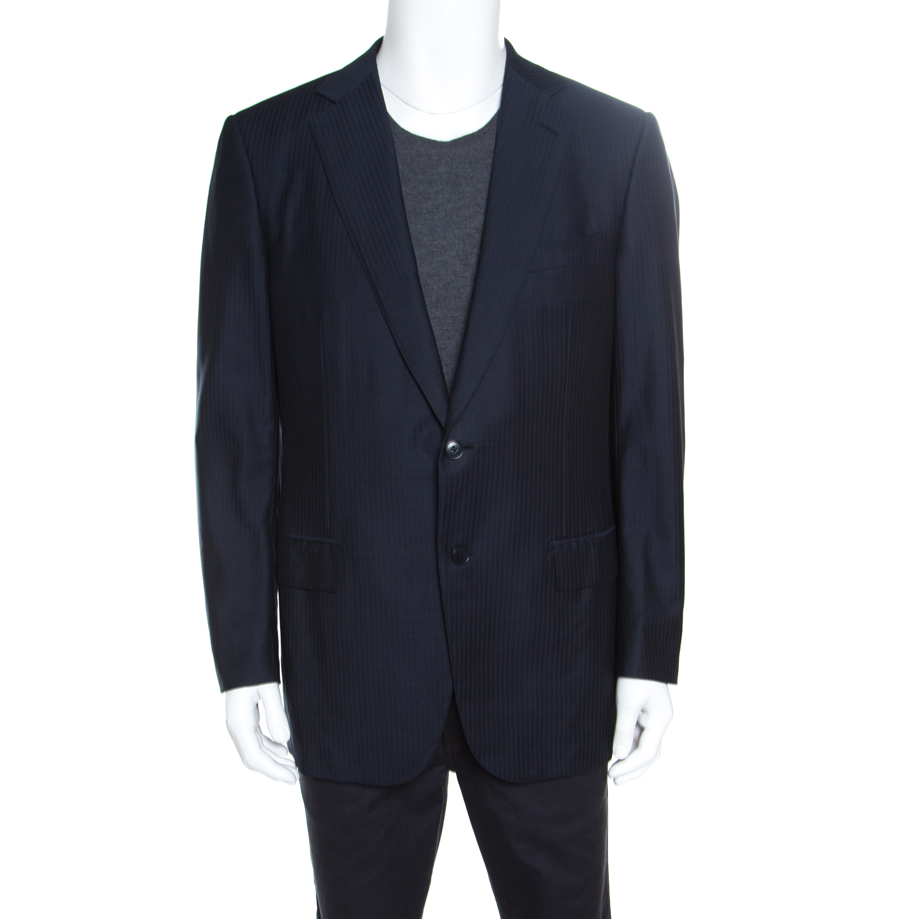 Image of Ermenegildo Zegna Navy Blue Tonal Striped Wool Blazer XL