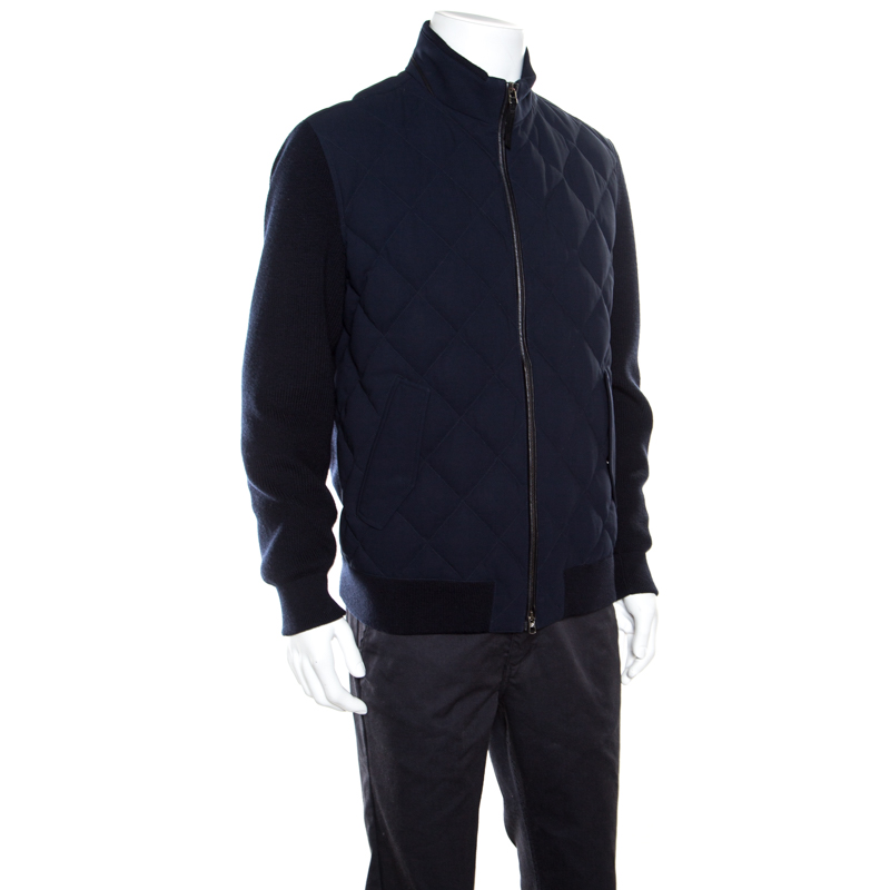 

Ermenegildo Zegna Navy Blue Leather Trim Detail Quilted Wool Trofeo Down Jacket