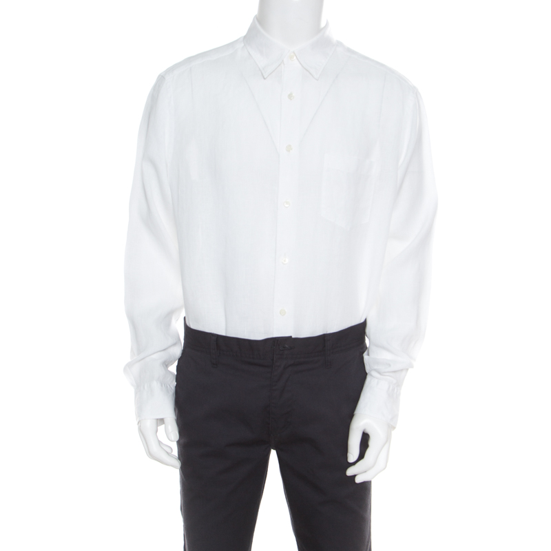 Image of Ermenegildo Zegna White Linen Long Sleeve Button Down Shirt XXL