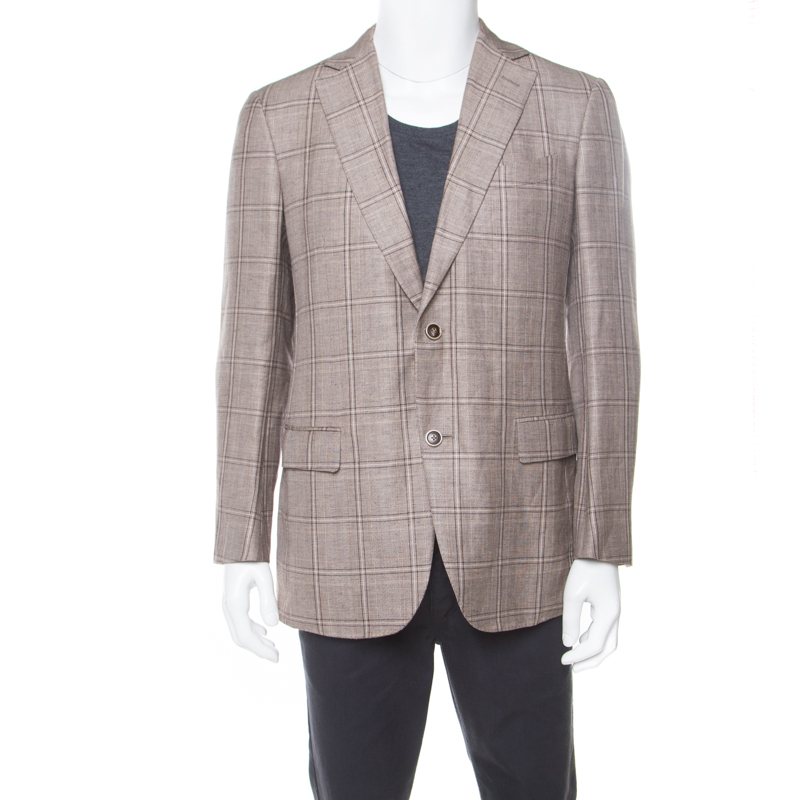 Image of Ermenegildo Zegna Brown Linen Wool Prince of Wales Checked Easy Fit Mila Blazer L