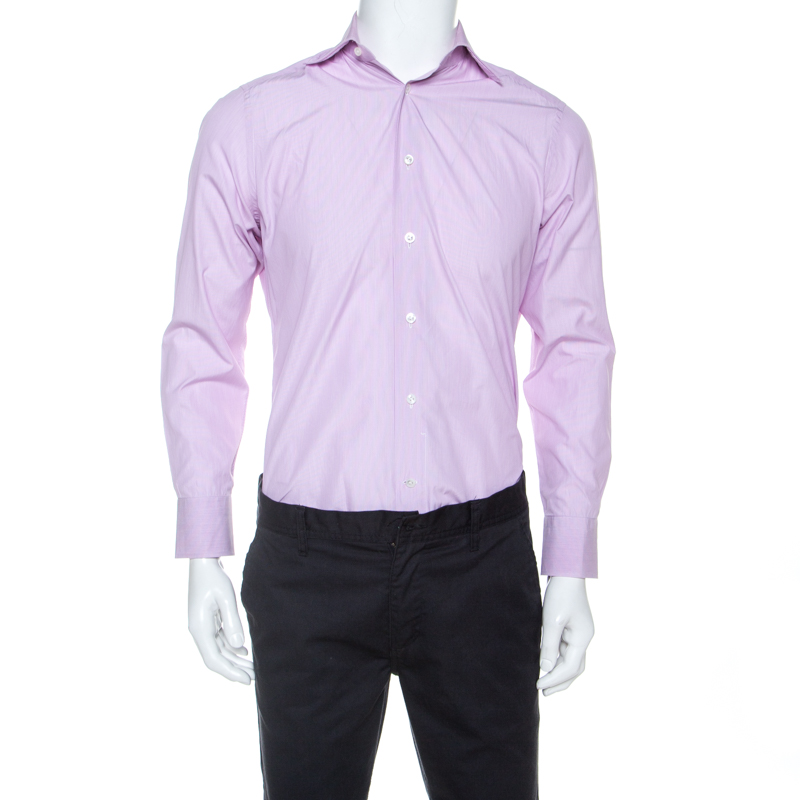 Image of Ermenegildo Zegna Premium Lavender Striped Cotton Button Front Shirt L