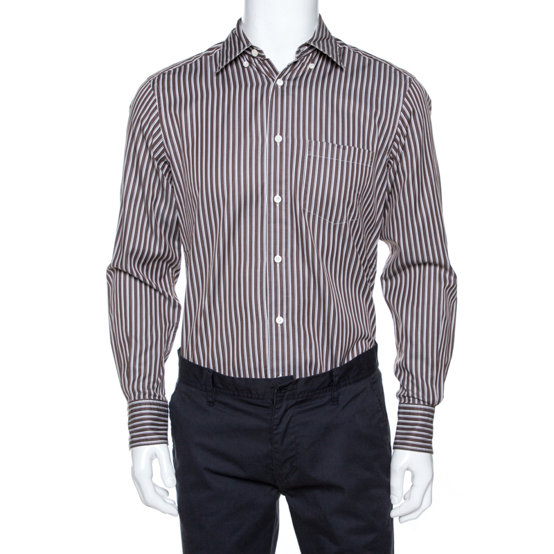 Image of Ermenegildo Zegna Brown Striped Cotton Button Front Shirt M