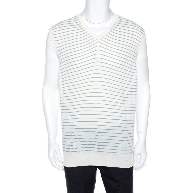 Image of Ermenegildo Zegna Off White Striped Knit Sleeveless Jumper XL
