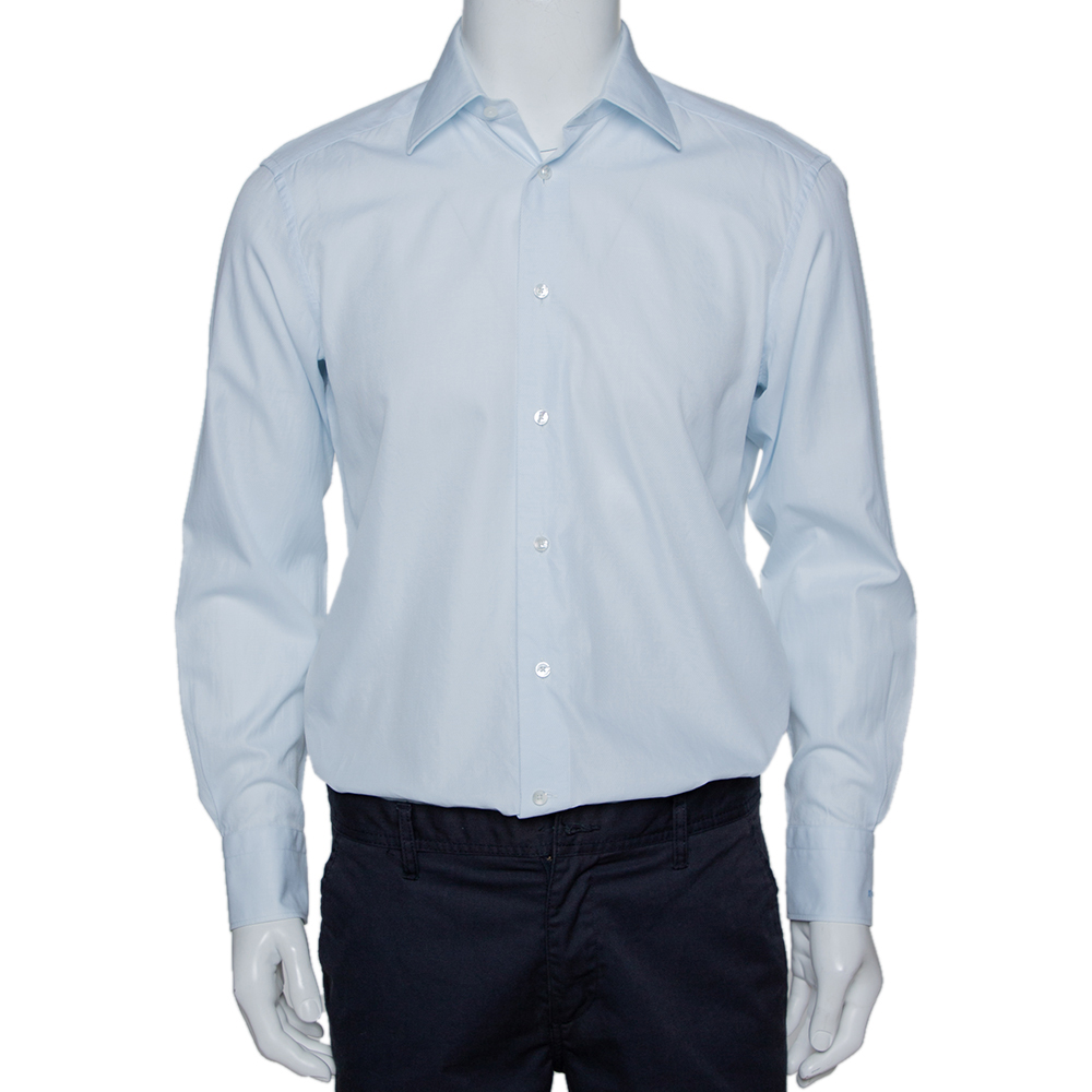 Image of Ermenegildo Zegna Light Blue Textured Cotton Tailored Fit Shirt M