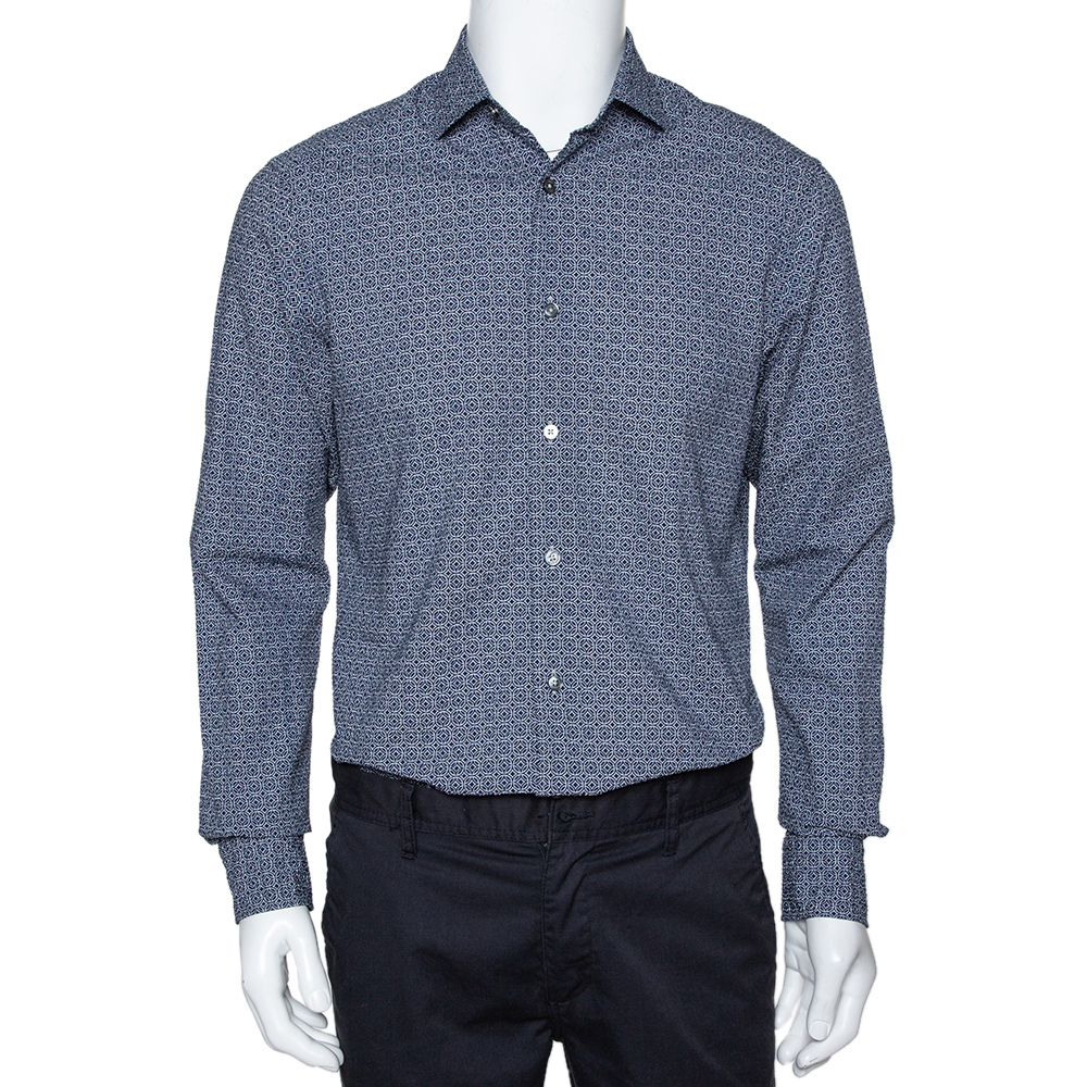 Image of Ermenegildo Zegna Navy Blue Printed Seer Sucker Cotton Shirt M