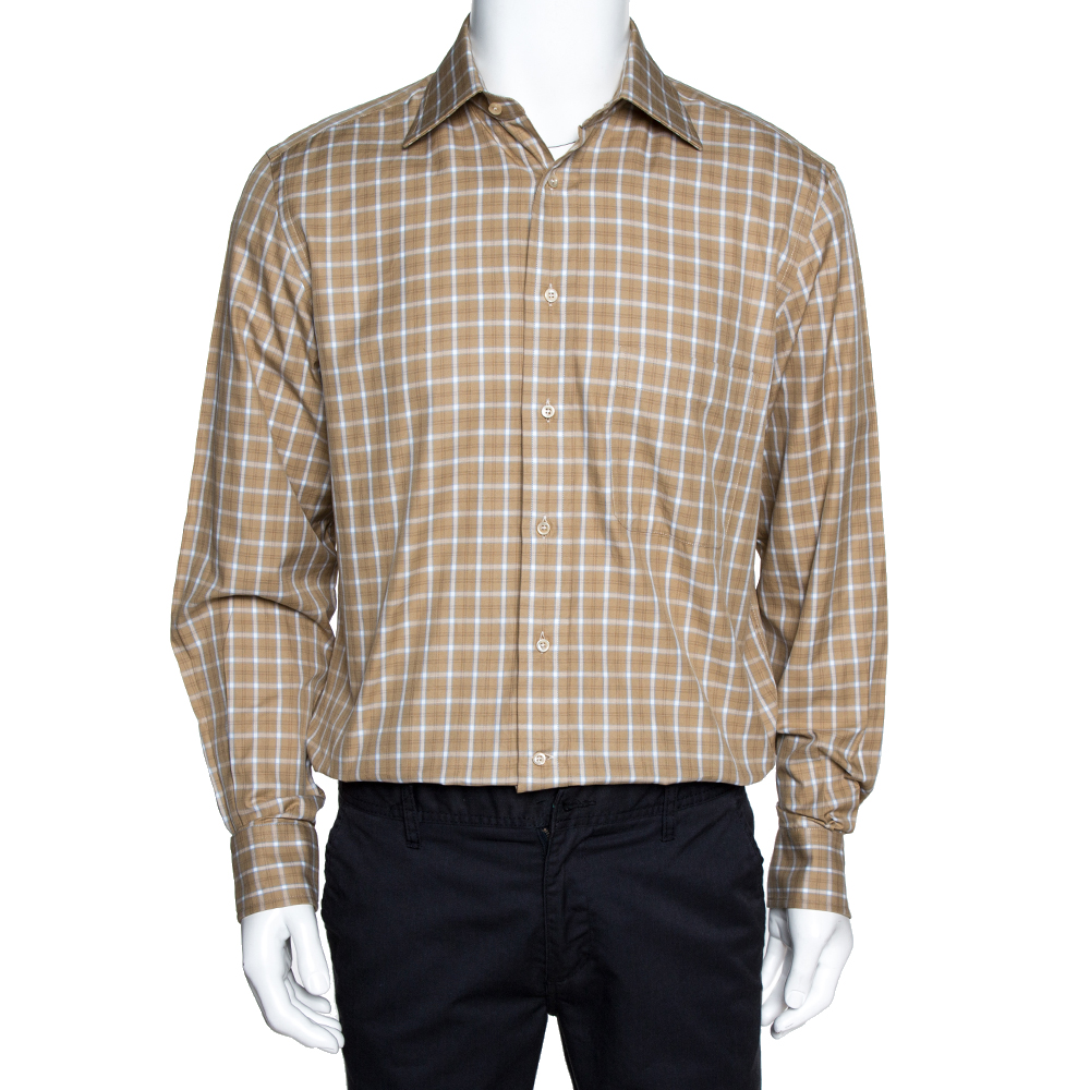Image of Ermenegildo Zegna Beige Checked Cotton Long Sleeve Shirt M